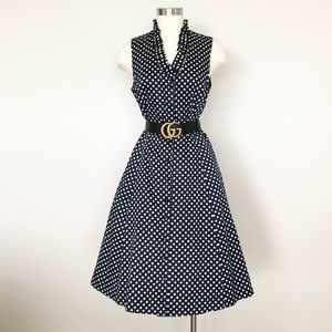 Navy Blue White Polka Dot V-Neck Ruffle Dress